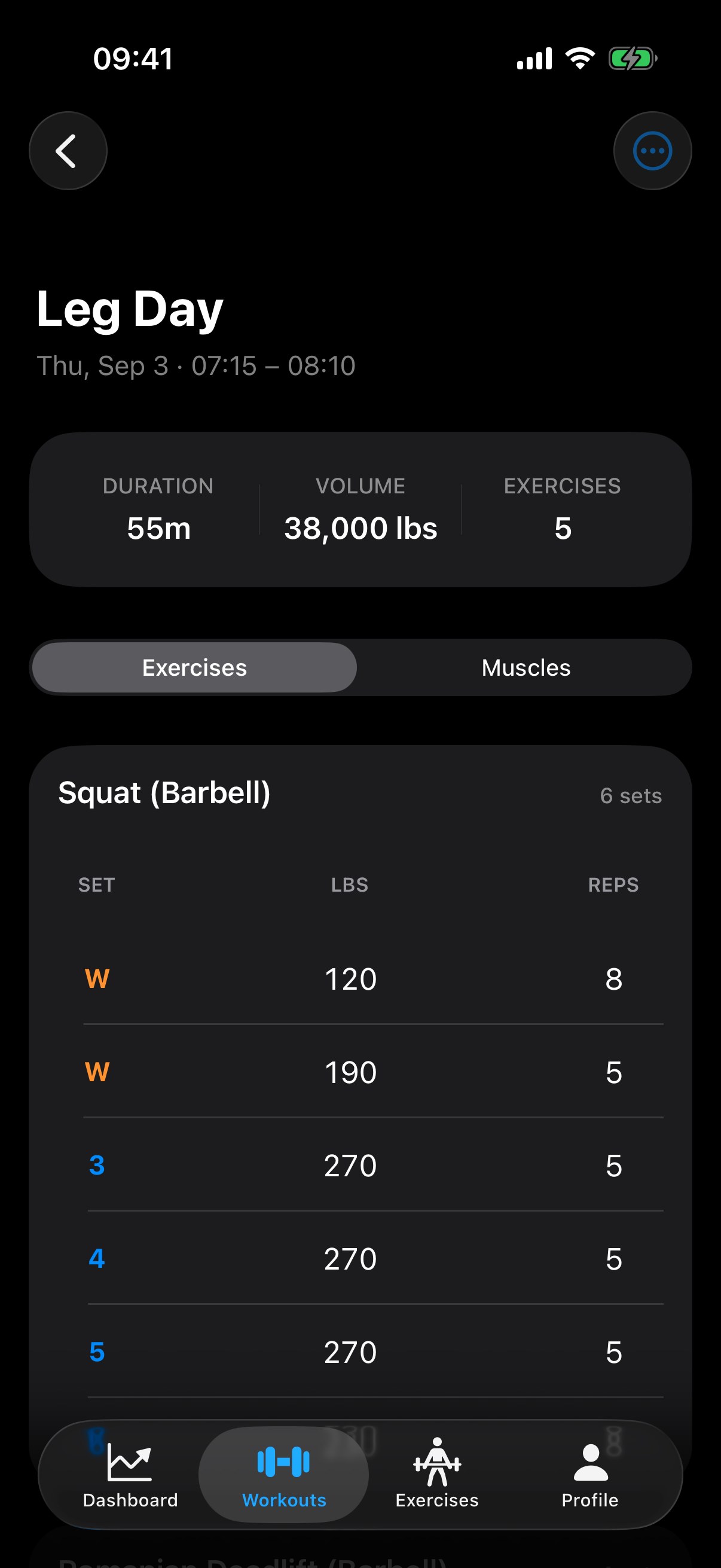 A completed StockFit leg session: duration, total volume and exercise count above the logged sets, with warm-ups marked separately.
