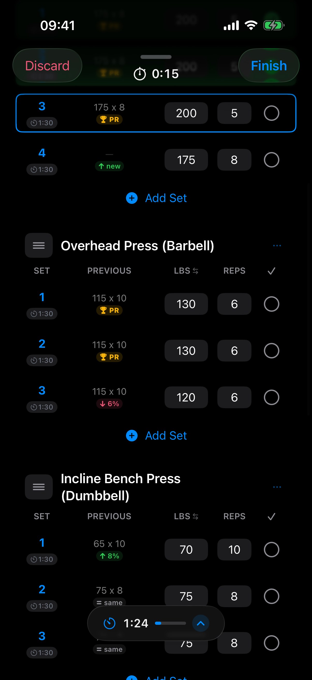 A live StockFit workout: a Bench Press set flagged PR, its back-off set up 3%, an Overhead Press set down 4%, and an Incline Dumbbell Press opening set up 8%.